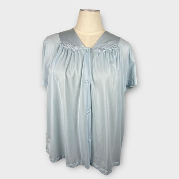 Vintage 1960s Blue Vanity Fair Nylon Sleep Shirt Night Shirt Floral Collar XXL - Picture 1 of 8
